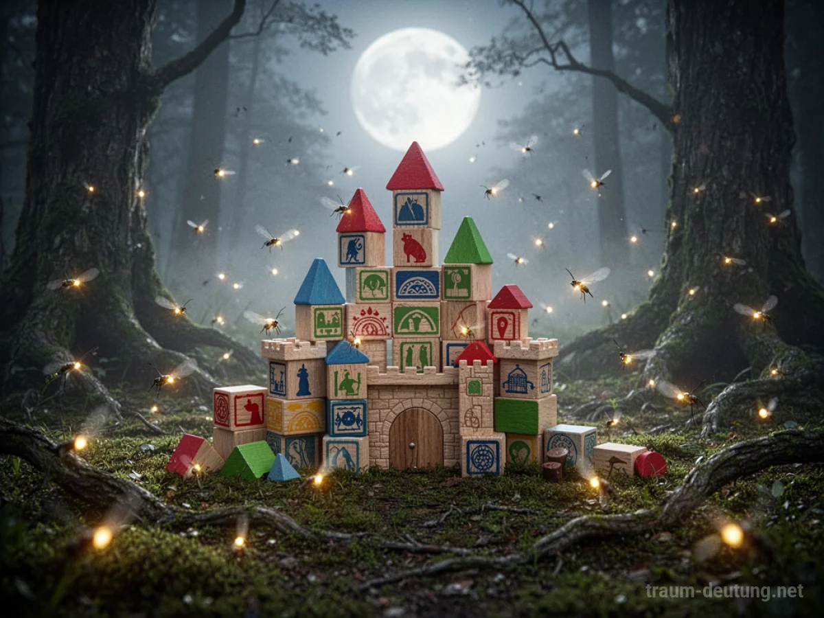 Traumdeutung Spielen: Ein fantasievolles Schloss aus Holzspielzeug ragt auf einem moosbewachsenen Waldboden auf, umgeben von sanft glühenden Glühwürmchen im sanften Mondlicht.