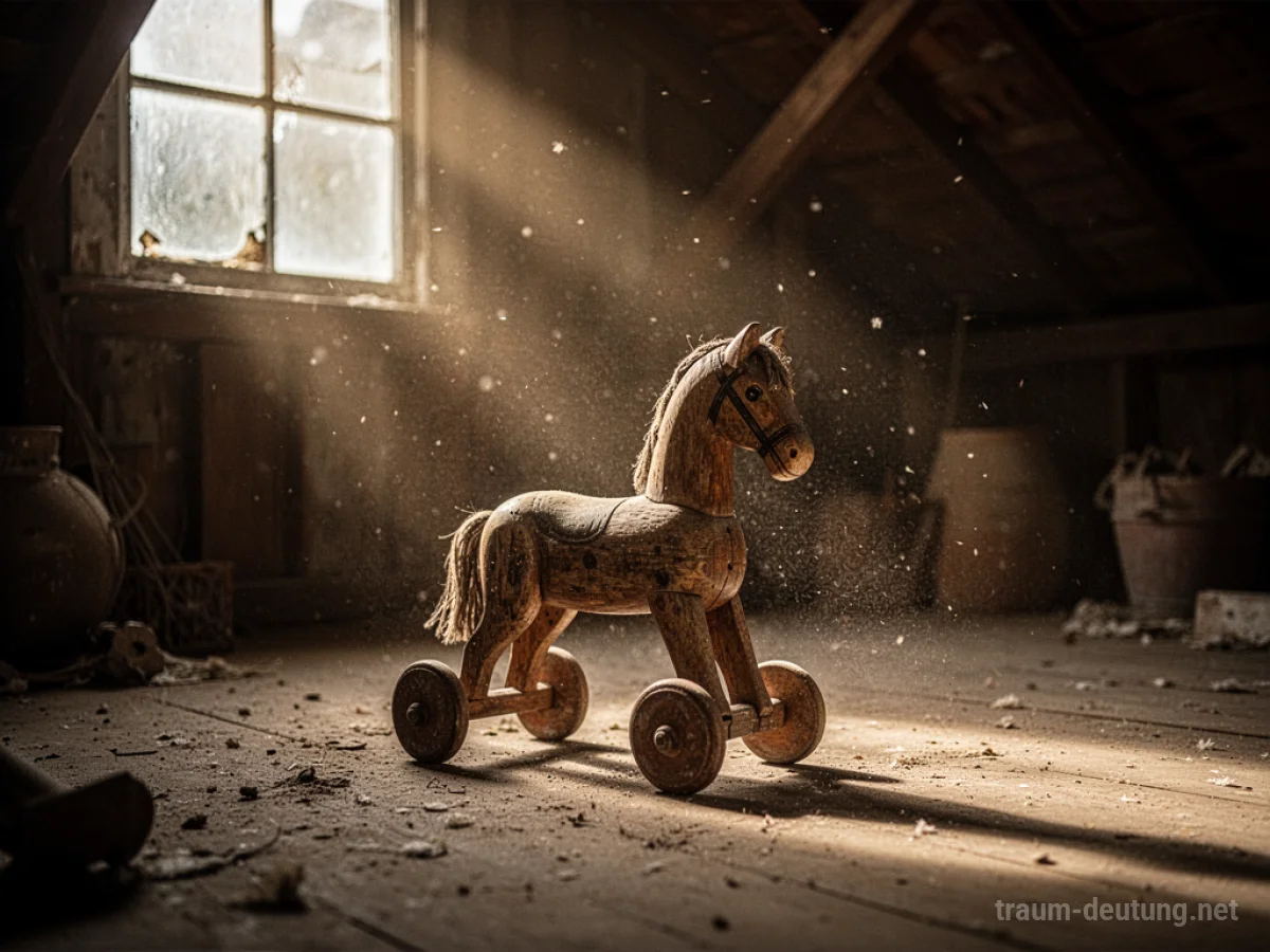 Traumsymbol Spielzeug: Ein altes Holzpferd liegt auf einem staubigen Dachboden, beleuchtet von goldenen Sonnenstrahlen, die durch ein schmutziges Fenster fallen.