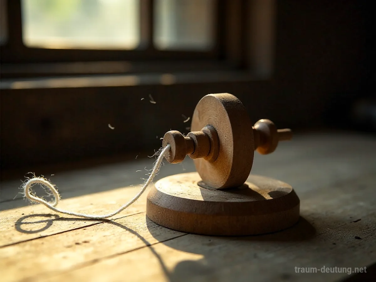 Traumsymbol Spindel: Eine antike Holzspindel liegt auf einem rustikalen Tisch, umwickelt mit feinem Seidenfaden, im sanften Licht eines Fensters.