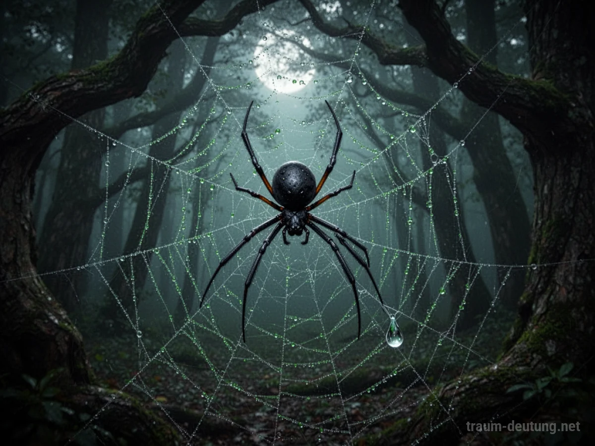 Traumsymbol Spinne: Eine detailreiche schwarze Witwe sitzt auf einem taufrischen, grünen Spinnennetz zwischen dunklen Ästen im Mondlicht.