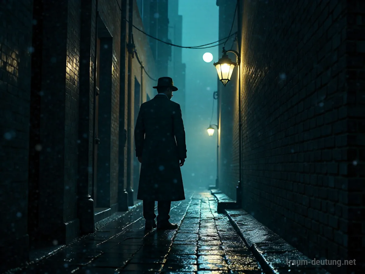 Traumsymbol Spion: Eine einsame Figur in Trenchcoat und Hut steht im Schatten einer engen, regennassen Gasse, beleuchtet von Mondlicht und einer Straßenlaterne.