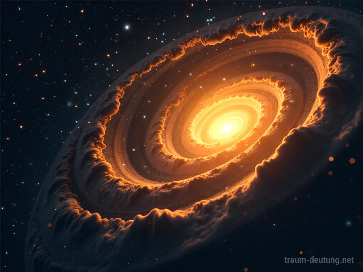 Traumsymbol Spirale: Eine leuchtende, goldene Spirale zieht sich in einen dunklen Kosmos zurück, umgeben von Sternen und kosmischem Licht.