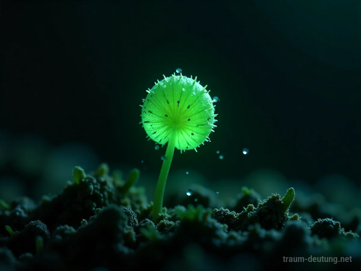 Traumsymbol Spore: Eine einzelne, biolumineszent grün leuchtende Spore schwebt in einem dunklen, höhlenartigen Raum, umgeben von schimmernden Partikeln.