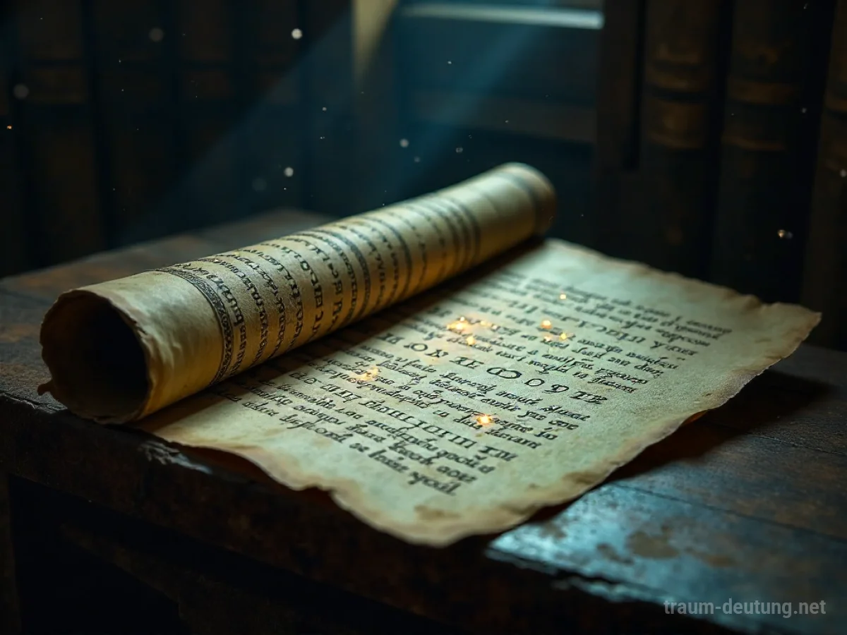 Traumsymbol Spruch: Eine alte Schriftrolle mit leuchtenden Runen entrollt sich in einem staubigen, mondbeschienenen Bibliotheksraum.