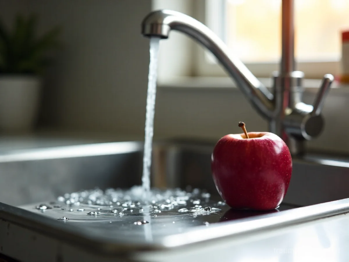 Traumsymbol Spülen: Ein glänzendes Küchenspülbecken aus Edelstahl mit fließendem Wasser und einem roten Apfel am Rand, beleuchtet von natürlichem Fensterlicht.