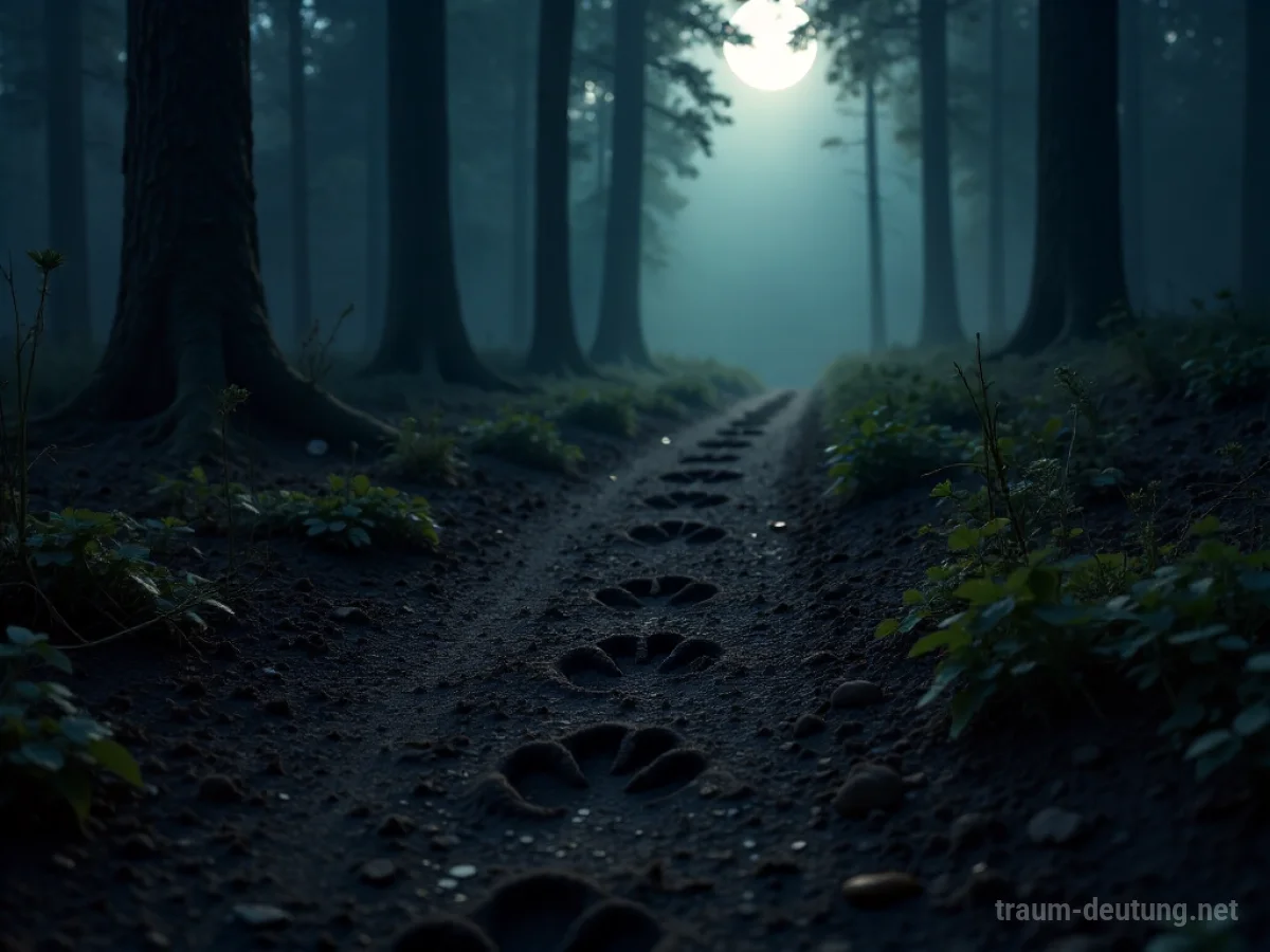 Traumsymbol Spur: Eine einzelne, sich schlängelnde Tierspur im dunklen, feuchten Waldboden, die tiefer in einen dichten Wald führt, beleuchtet von diffusen Mondlicht.