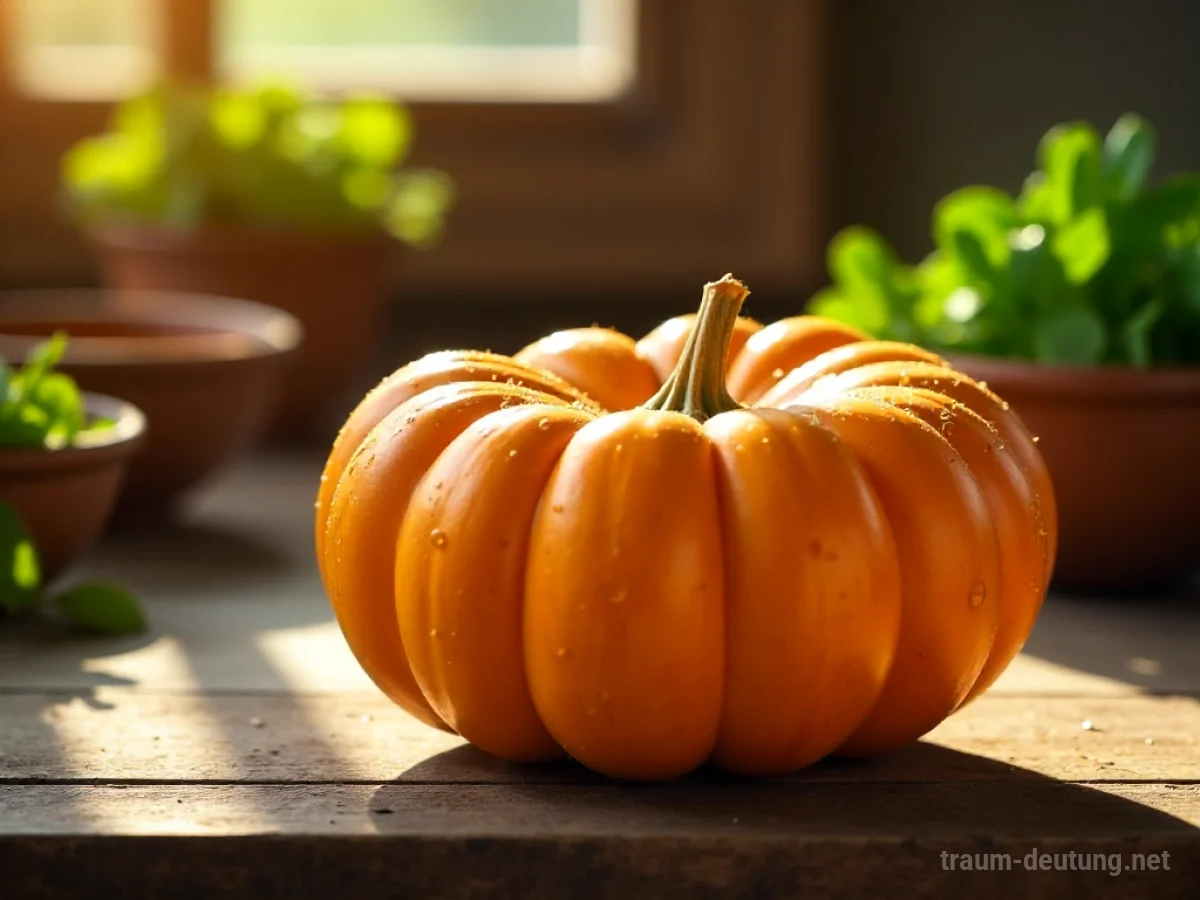 Traumsymbol Squash: Ein reifer, orangefarbener Butternusskürbis liegt auf einem rustikalen Holztisch, beleuchtet von warmem Morgenlicht.
