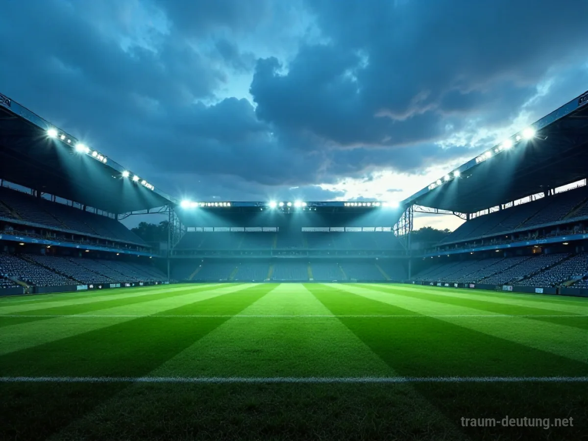 Traumsymbol Stadion: Ein weitläufiges, leeres, modernes Fußballstadion in der Abenddämmerung mit sanft beleuchteten Tribünen und mysteriösem Nebel über dem Spielfeld.