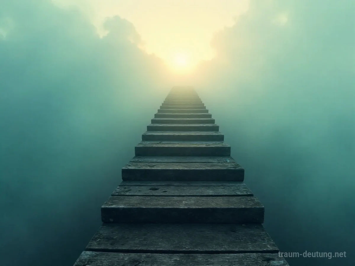Traumsymbol Staffel: Eine einsame Holztreppe führt in einen nebligen Himmel, beleuchtet von diffusem Sonnenlicht.