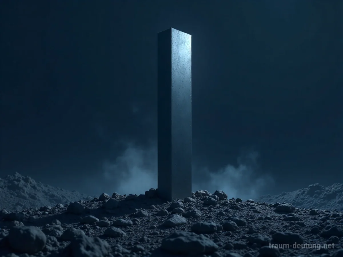 Traumsymbol Stahl: Ein polierter Stahlriegel steht einsam in einer felsigen, mondbeschienenen Landschaft mit wirbelndem Nebel am Boden.