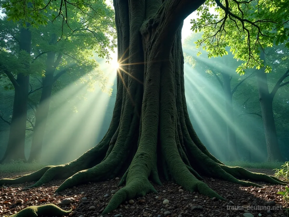 Traumsymbol Stamm: Ein massiver, alter Baumstamm steht in einer nebligen Waldlichtung, beleuchtet von gefiltertem Sonnenlicht.