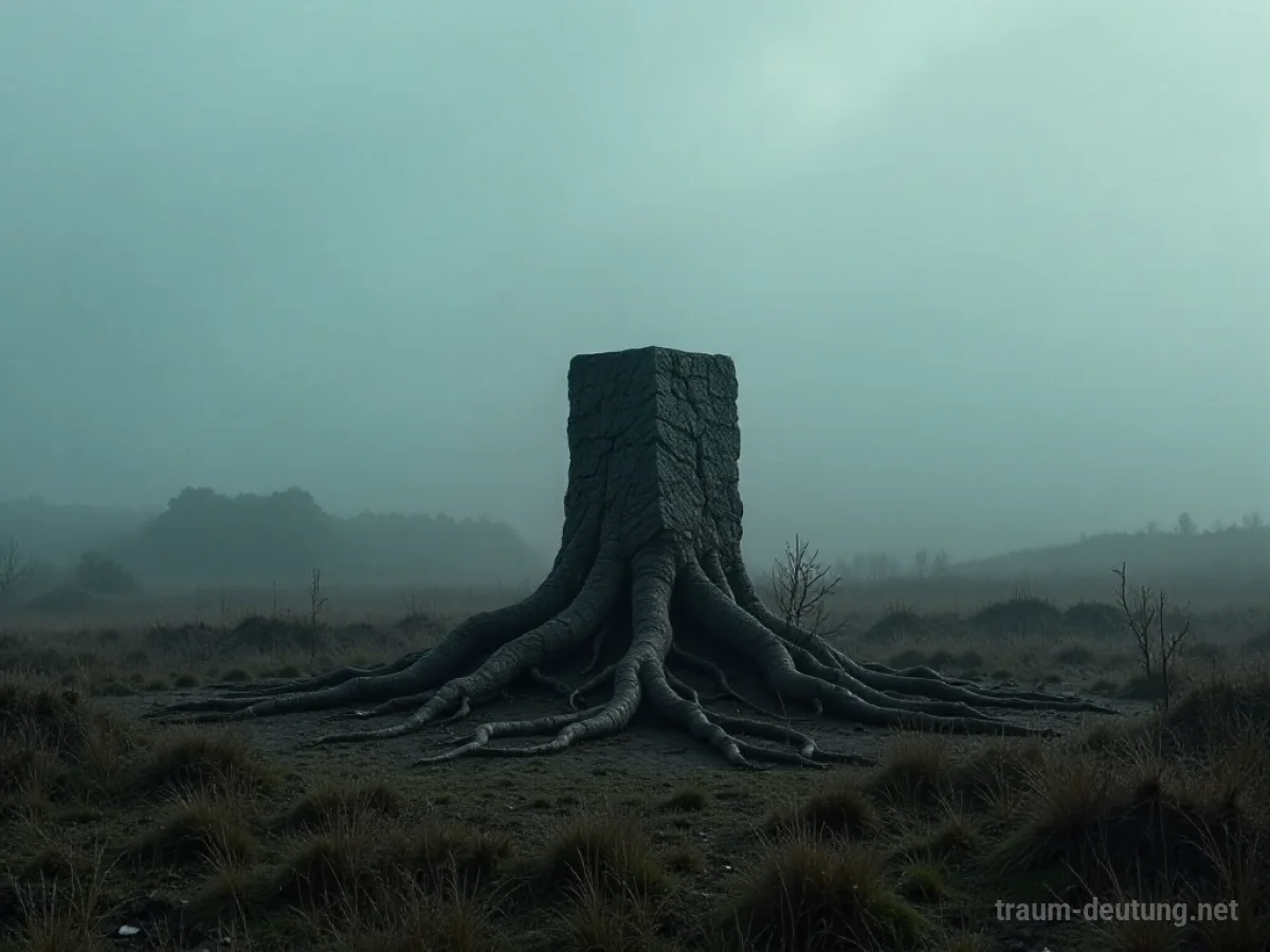 Traumsymbol Stand: Ein einsamer, verwitterter Steinsockel steht auf einem nebelverhangenen Moor, umgeben von dunklen Wurzeln.