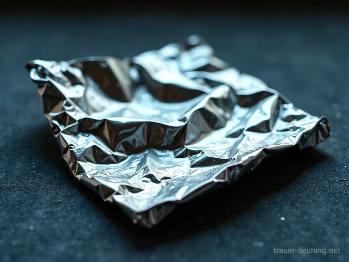 Traumsymbol Stanniol: Ein zerknülltes Stück glänzendes Silberpapier liegt auf einer dunklen Oberfläche, reflektiert sanftes Licht.