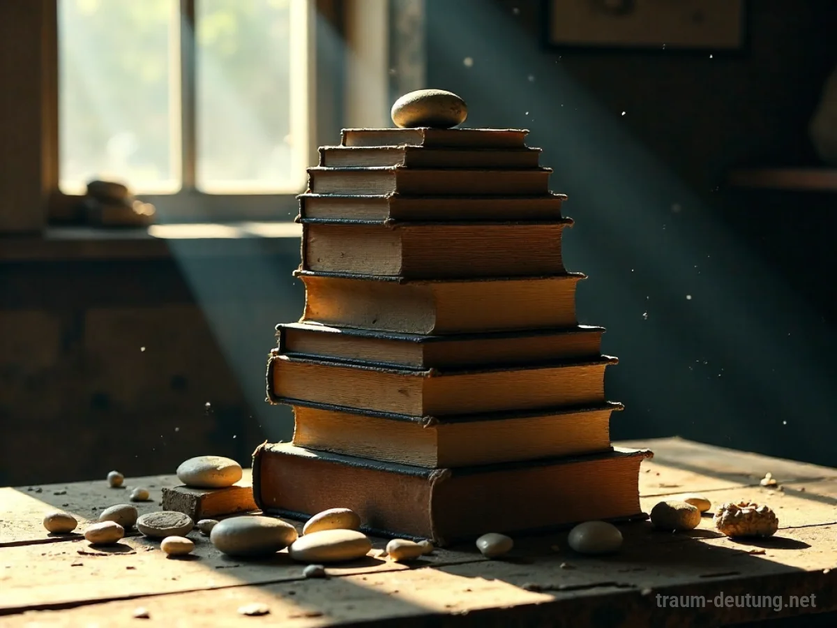 Traumsymbol Stapel: Ein detaillierter Stapel aus Büchern, Steinen und Spielzeug liegt auf einem Holztisch, beleuchtet von sanftem Sonnenlicht.
