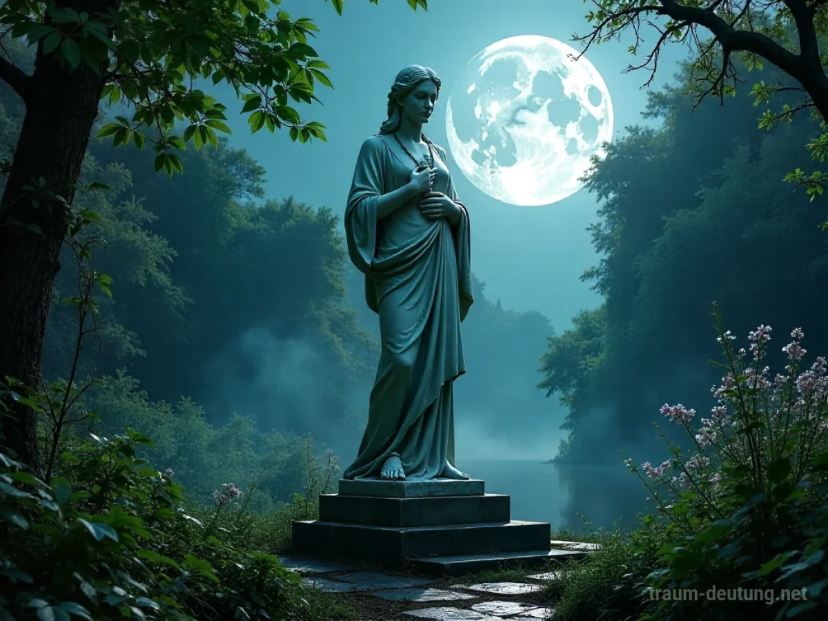 Traumsymbol Statue: Eine majestätische Marmorstatue steht in einem mondbeschienenen, überwucherten Garten, umgeben von feuchtem Laub und Nebel.