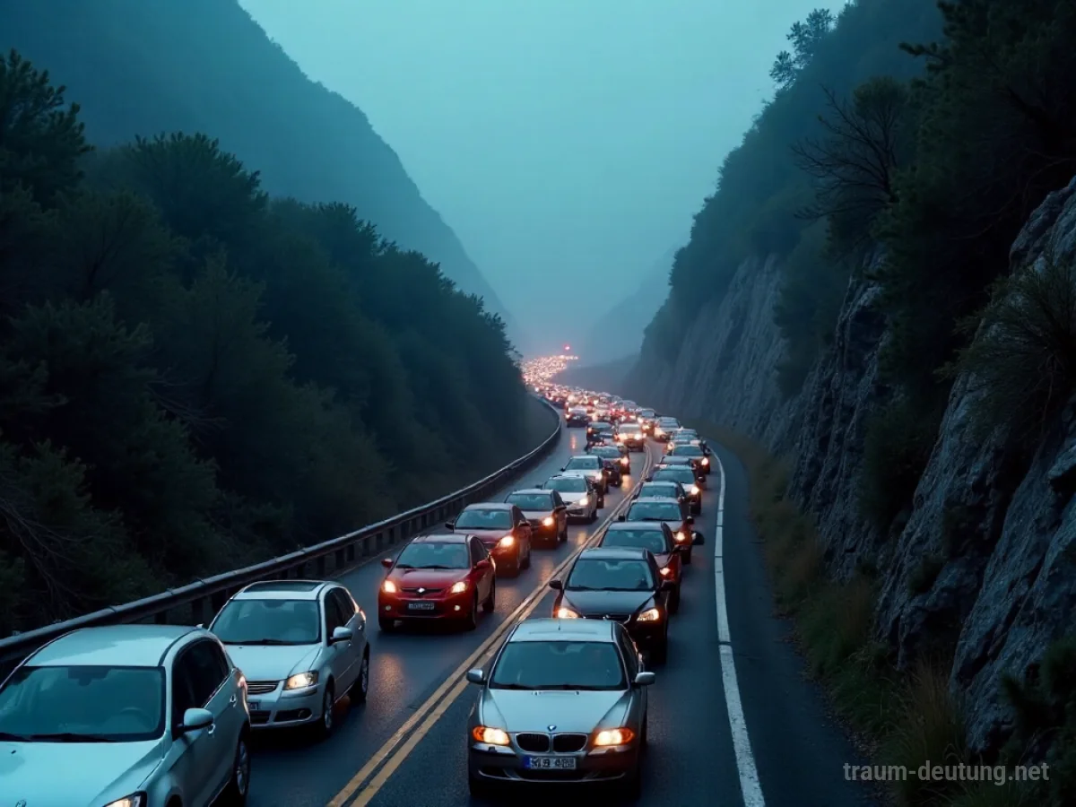 Traumsymbol Stauen: Eine dichte, unbewegliche Autokolonne staut sich auf einer engen Bergstraße im dämmrigen Nebel, was ein Gefühl der Stagnation vermittelt.
