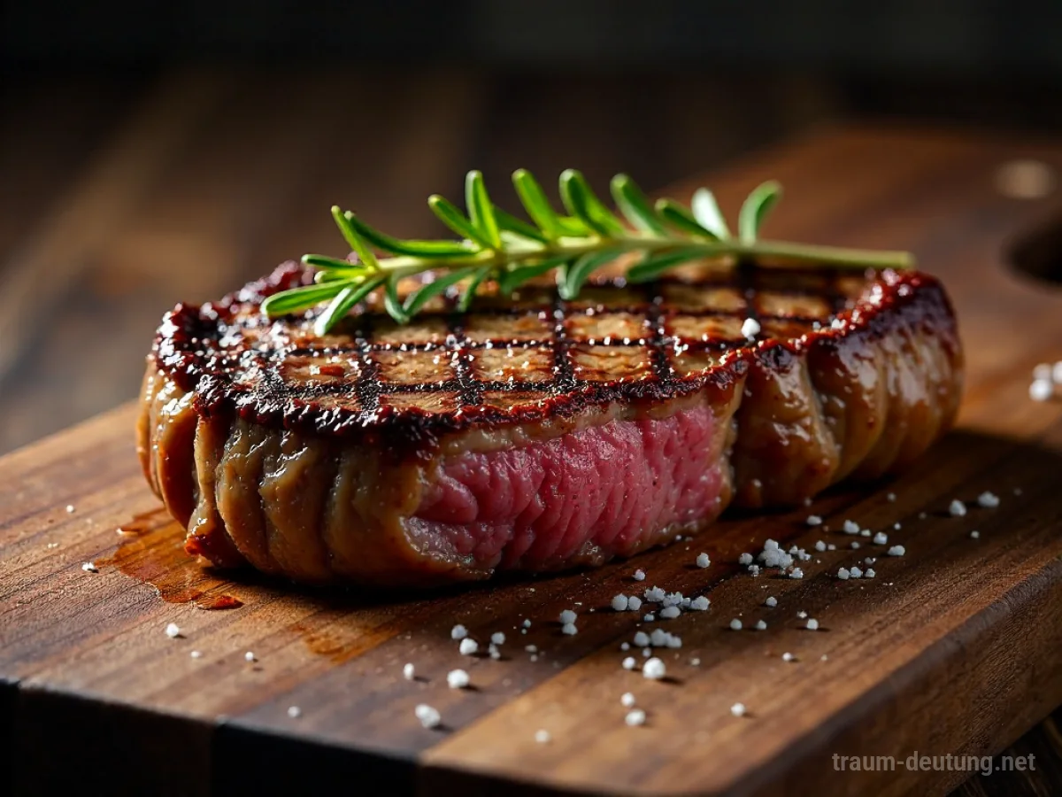 Traumdeutung Steak: Ein saftiges, perfekt gegrilltes Ribeye-Steak liegt auf einem rustikalen Holzbrett, garniert mit Rosmarin und Meersalz.