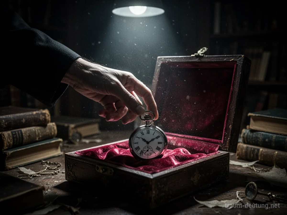 Traumdeutung Stehlen: Eine schemenhafte Hand greift im Mondlicht nach einer goldenen Taschenuhr aus einer Vitrine in einem alten Studierzimmer.