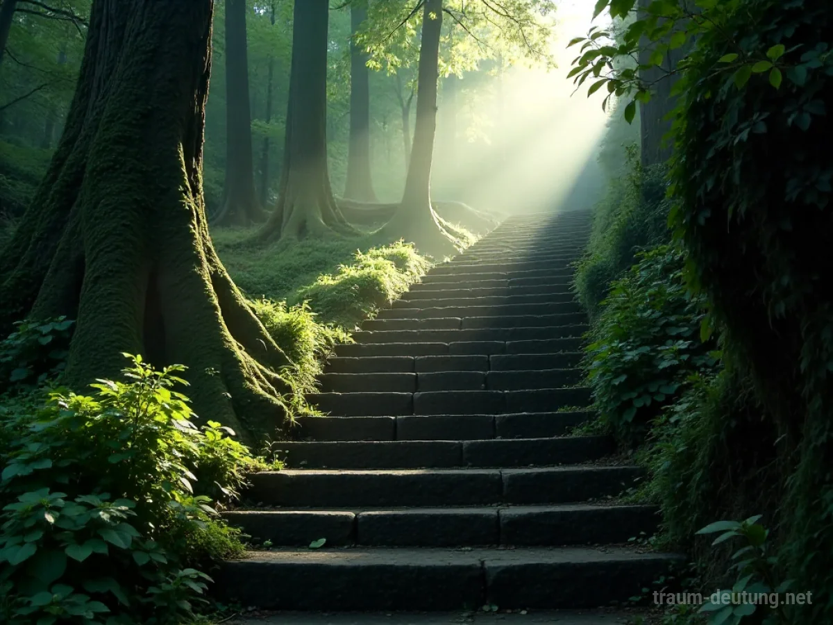 Traumsymbol Steig: Eine schmale, steile Steintreppe führt durch einen dichten, nebligen Wald nach oben, mit Sonnenlicht, das durch die Blätter fällt.