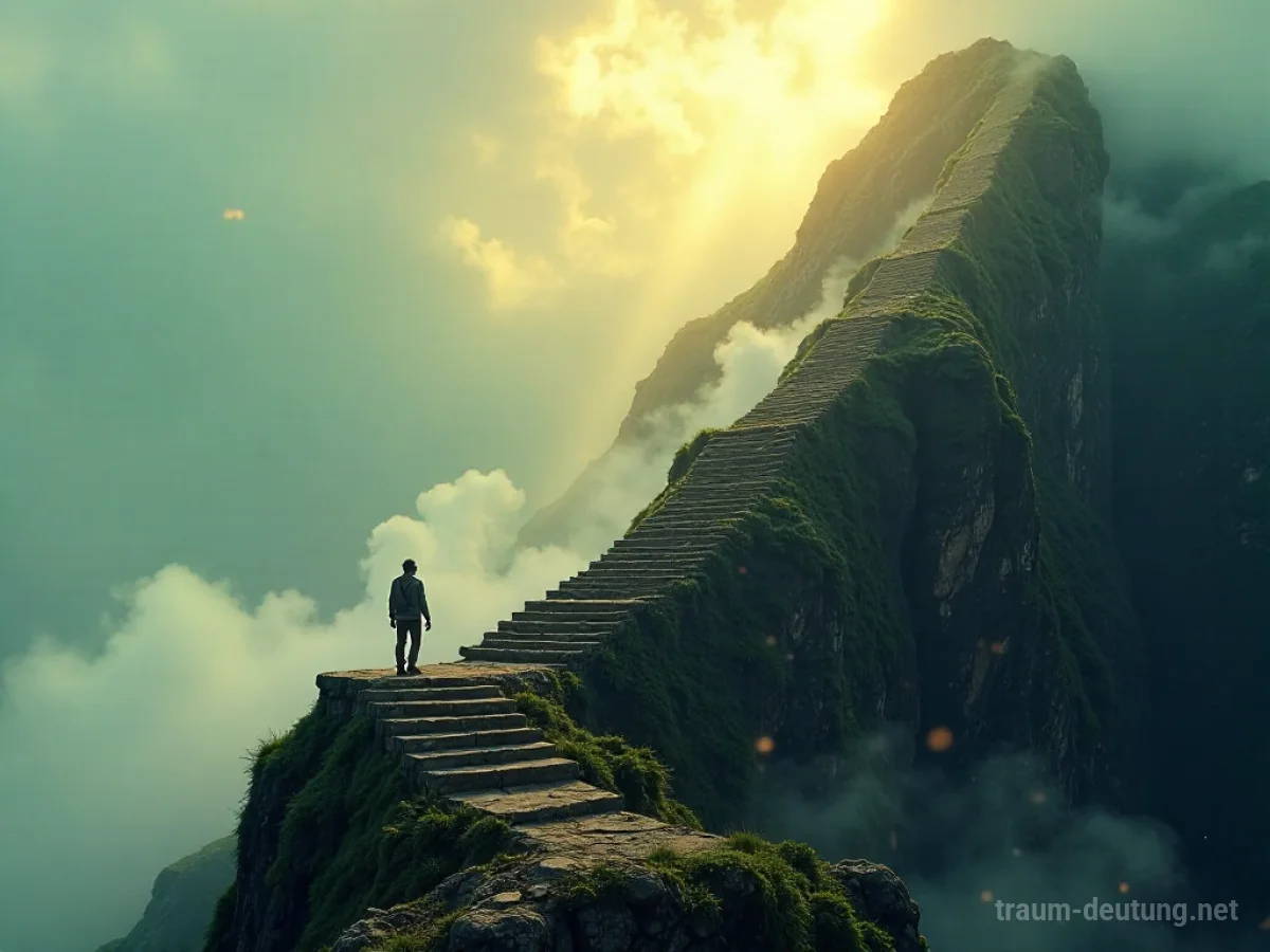 Traumdeutung Steigen: Eine einzelne Gestalt erklimmt eine monumentale, moosbewachsene Steintreppe in den Wolken, beleuchtet von goldenem Sonnenlicht.