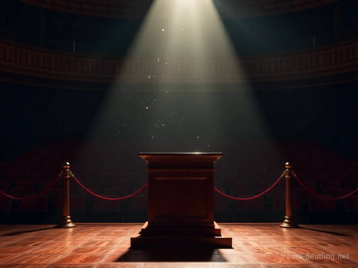 Traumsymbol Stelle: Ein leerer, glänzender Podiumsplatz steht im Zentrum eines schattigen, großen Auditoriums, beleuchtet von einem einzelnen Scheinwerfer.