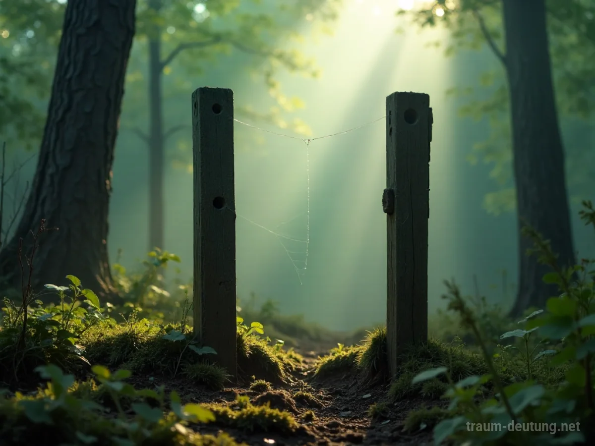 Traumsymbol Stelzen: Zwei hölzerne Stelzen stehen in einer nebligen Waldlichtung, umgeben von Moos und Spinnweben im diffusen Sonnenlicht.