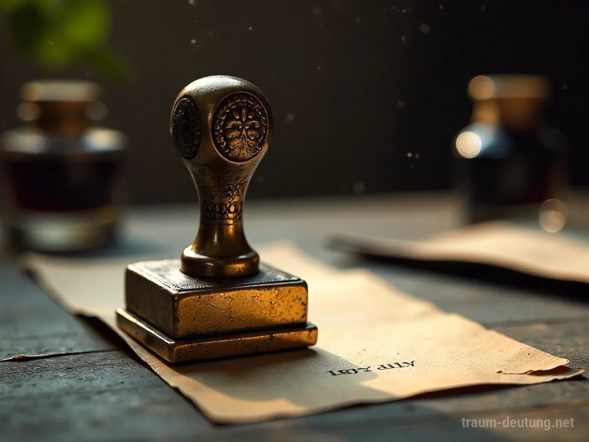 Traumsymbol Stempel: Ein antiker Messingstempel liegt auf einem dunklen Holzschreibtisch, beleuchtet von sanftem Nachmittagslicht.
