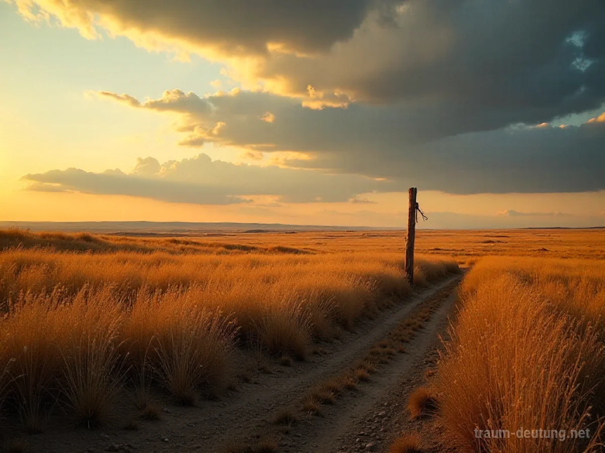 Traumsymbol Steppe: Eine weite, goldene Steppe erstreckt sich unter einem dramatischen Abendhimmel mit vereinzelten, trockenen Gräsern und einem einzelnen Holzpfosten.