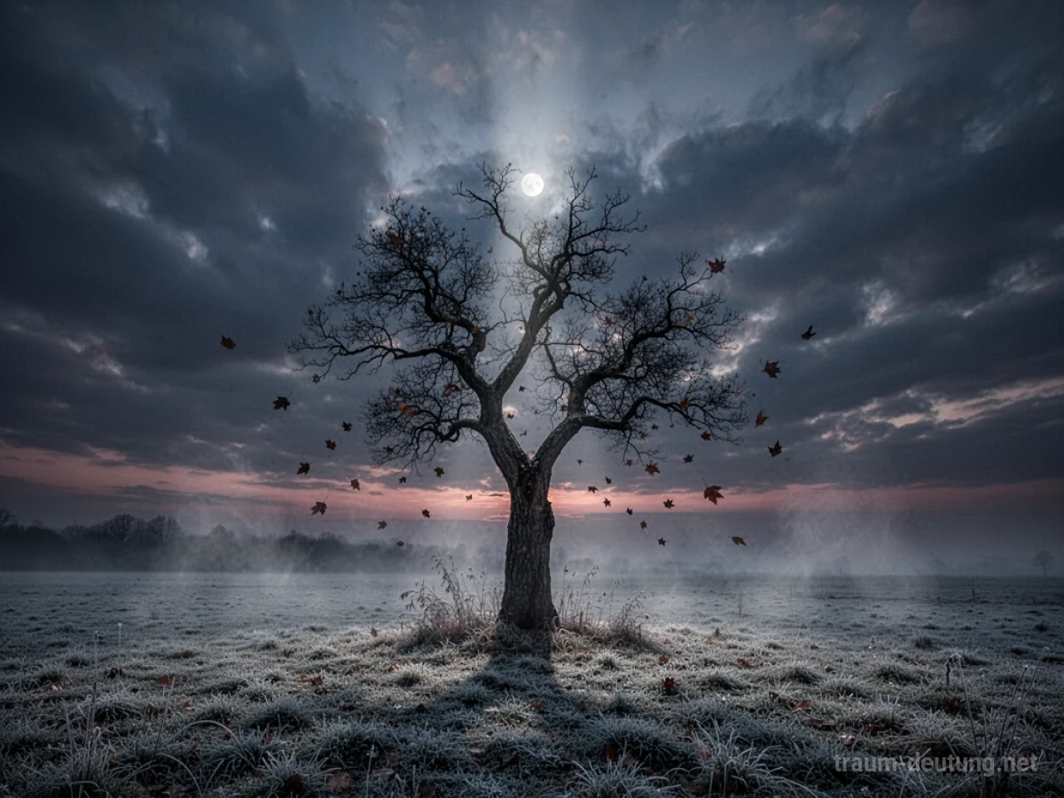 Traumsymbol Sterben: Ein einzelner, verwitterter Baum steht gegen einen dramatischen Abendhimmel mit dunklen Wolken, beleuchtet von einem einzelnen Mondstrahl, während Blätter fallen und Nebel aufsteigt.