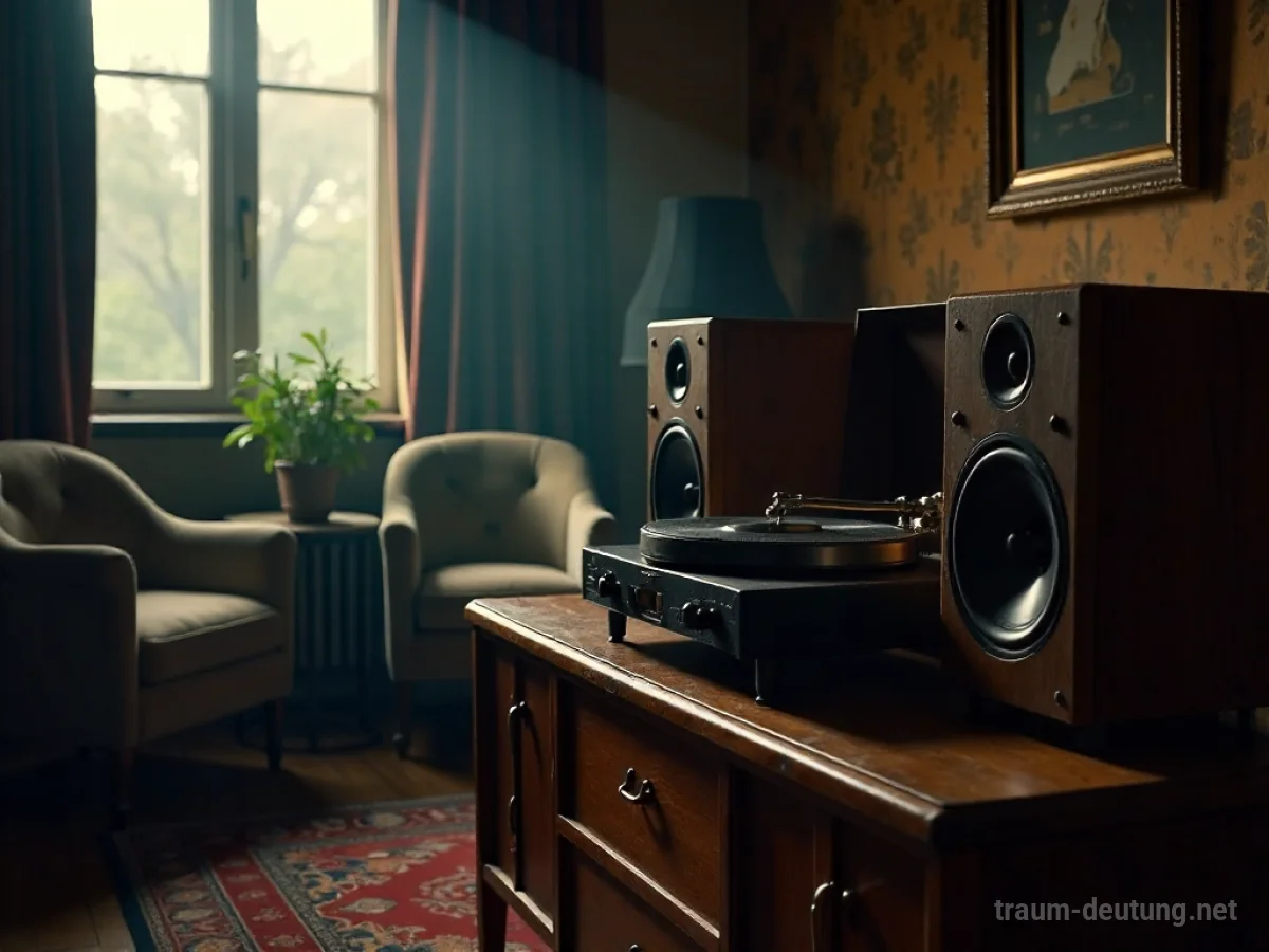 Traumsymbol Stereo: Ein alter Stereoanlage mit Plattenspieler und Lautsprechern steht in einem dunklen, stimmungsvollen Raum, beleuchtet von einem einzelnen Lichtstrahl.