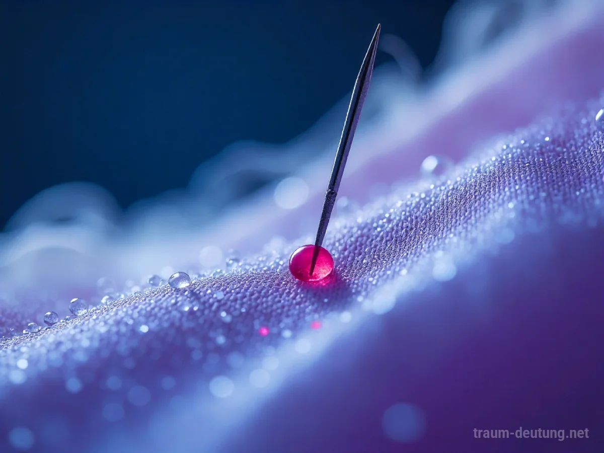 Traumdeutung Stich: Eine scharfe Nadel durchdringt transparenten Stoff, mit winzigen roten Tropfen, in einer diffus beleuchteten Traumlandschaft.