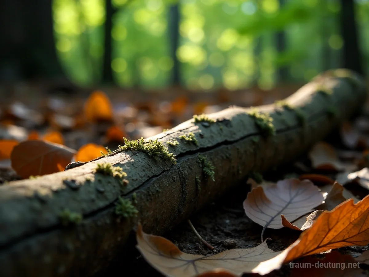 Traumsymbol Stick: Ein alter Holzstock liegt auf einem moosbewachsenen Waldboden, beleuchtet von gefiltertem Sonnenlicht.