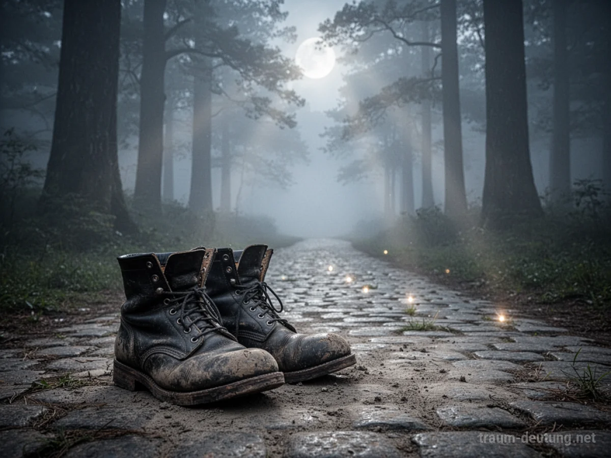 Traumsymbol Stiefel: Ein Paar abgetragene, dunkle Lederstiefel steht auf einem staubigen Kopfsteinpflasterweg vor einem nebligen Wald im Mondlicht.