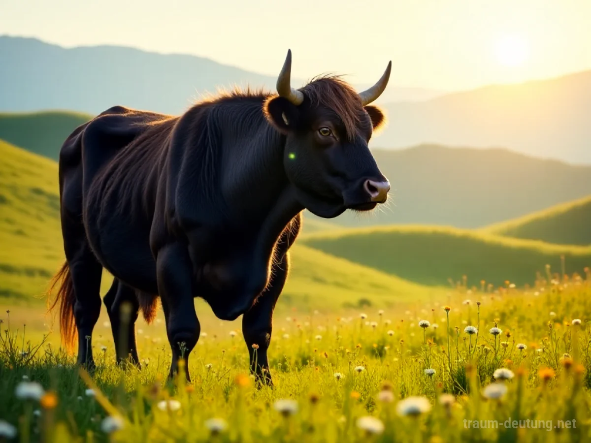 Traumsymbol Stier: Ein muskulöser Stier steht kräftig auf einer sonnenbeschienenen Wiese mit glänzender Fellpracht und leichtem Morgendunst.