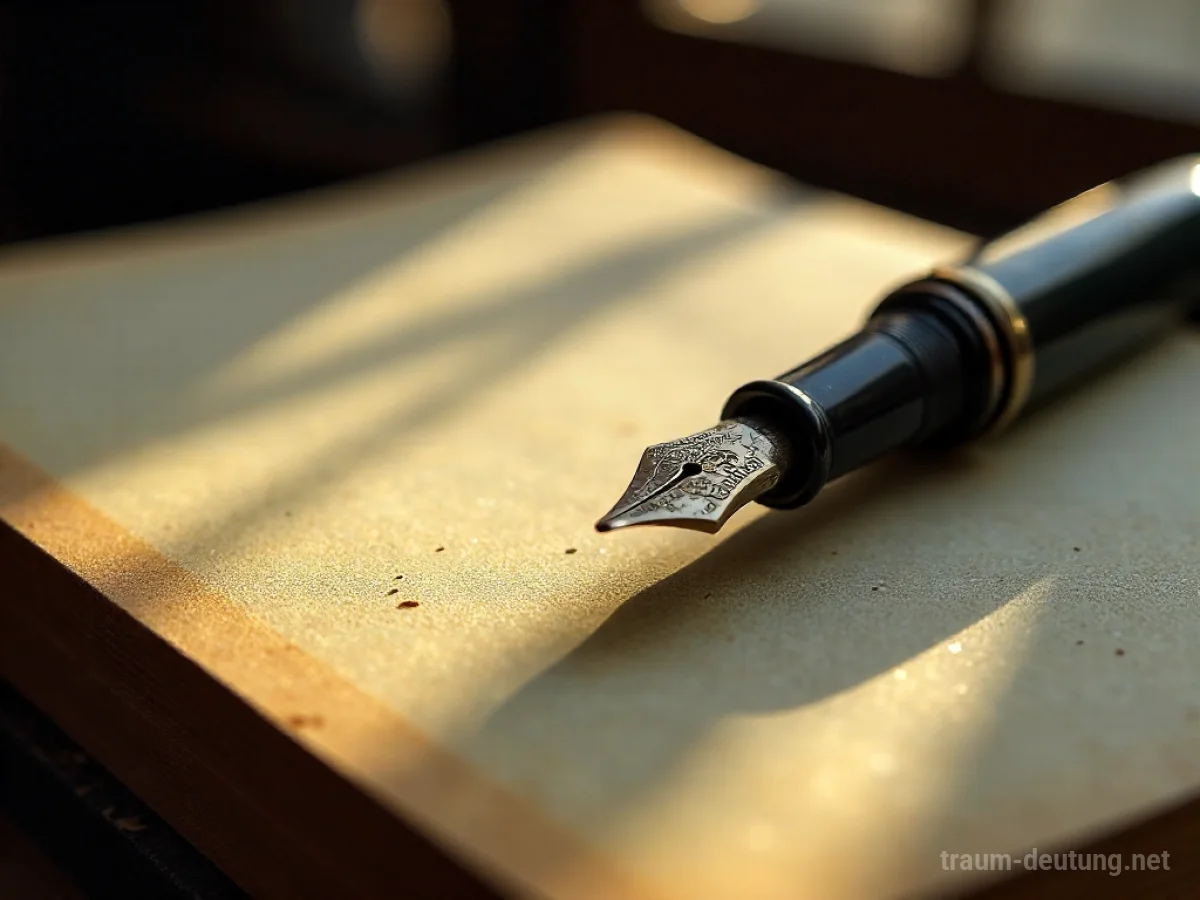Traumsymbol Stift: Ein antiker Füllfederhalter ruht auf einem alten Lederjournal, beleuchtet von sanftem Licht.