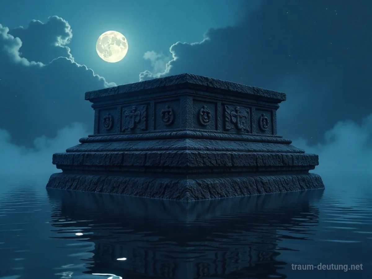 Traumsymbol Stiftung: Eine imposante Steinfundament unter mystischem Mondlicht, halb im dunklen Wasser versunken, mit angedeuteten alten Schnitzereien.