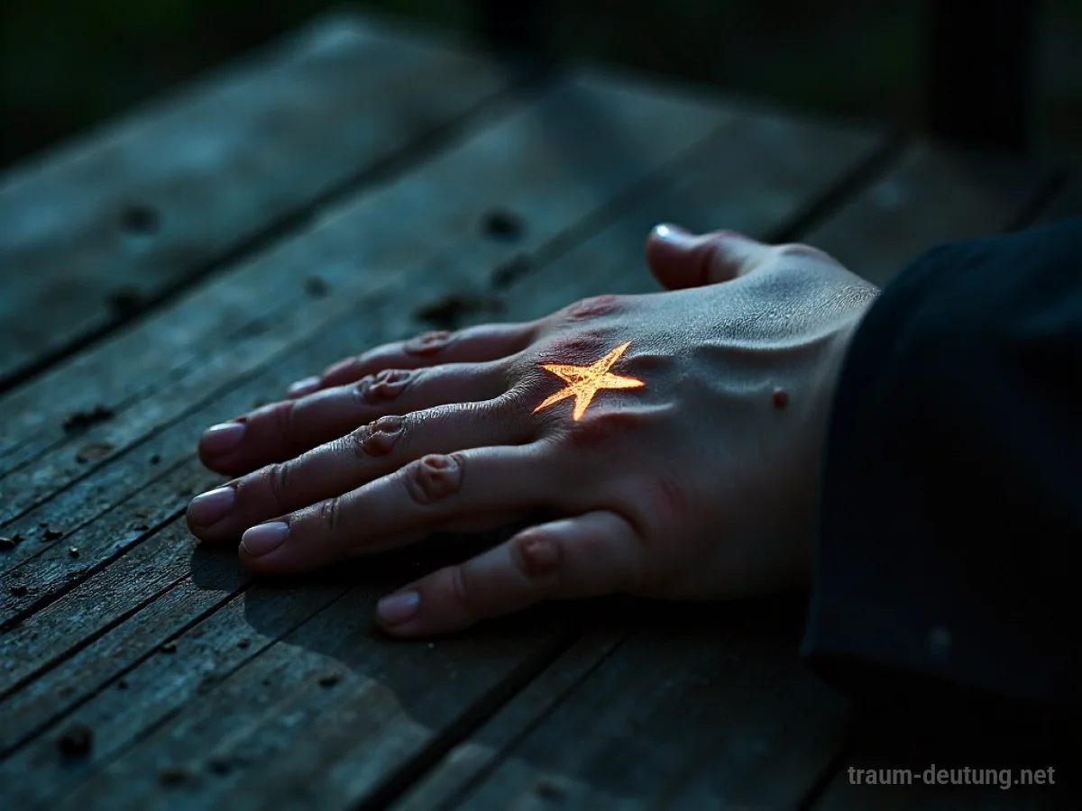 Traumsymbol Stigma: Ein leuchtendes, archaisches Symbol ist auf dem Handrücken einer Person eingebrannt, die auf einer groben Holzoberfläche ruht, beleuchtet von sanftem Mondlicht.