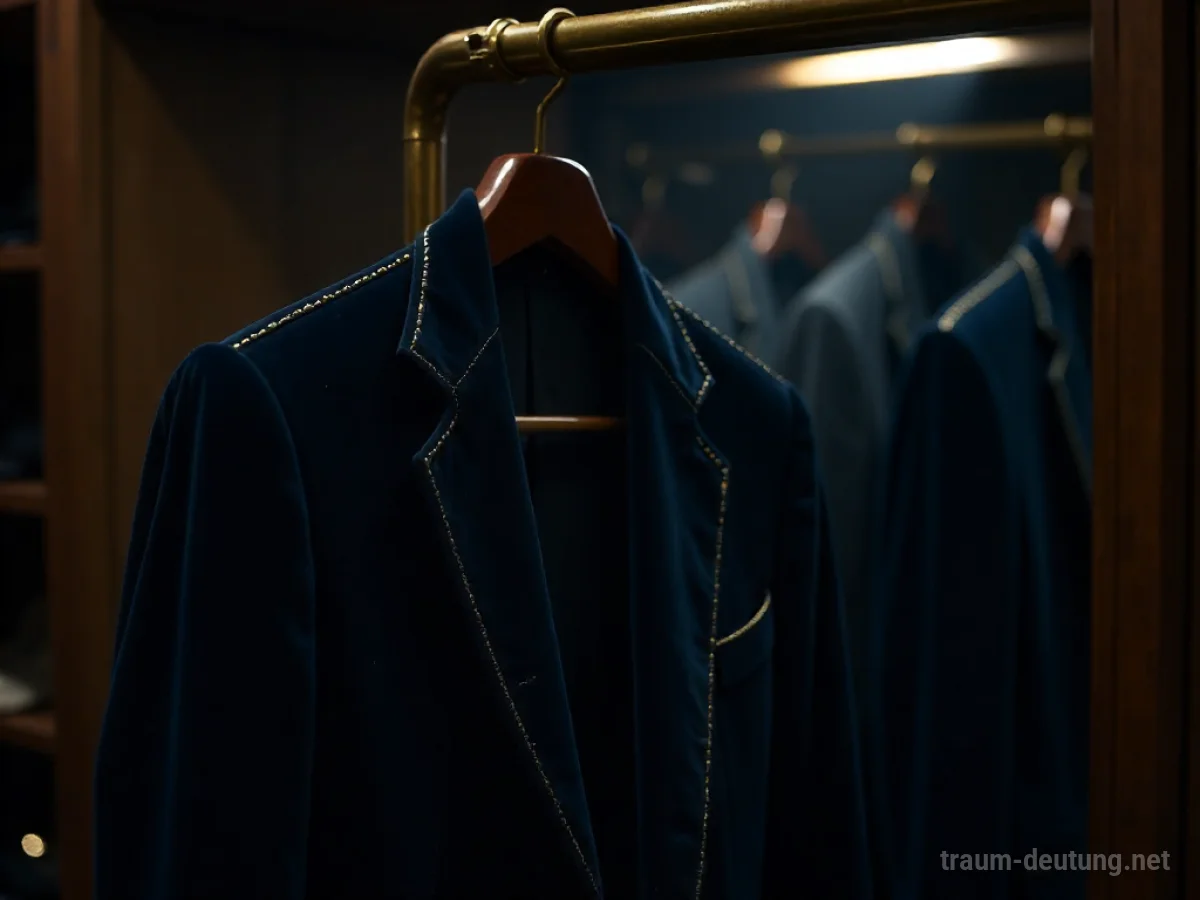 Traumsymbol Stil: Eine elegante schwarze Samt-Jacke mit goldenen Stickereien hängt an einem Kleiderbügel in einem luxuriösen, schattigen begehbaren Kleiderschrank.