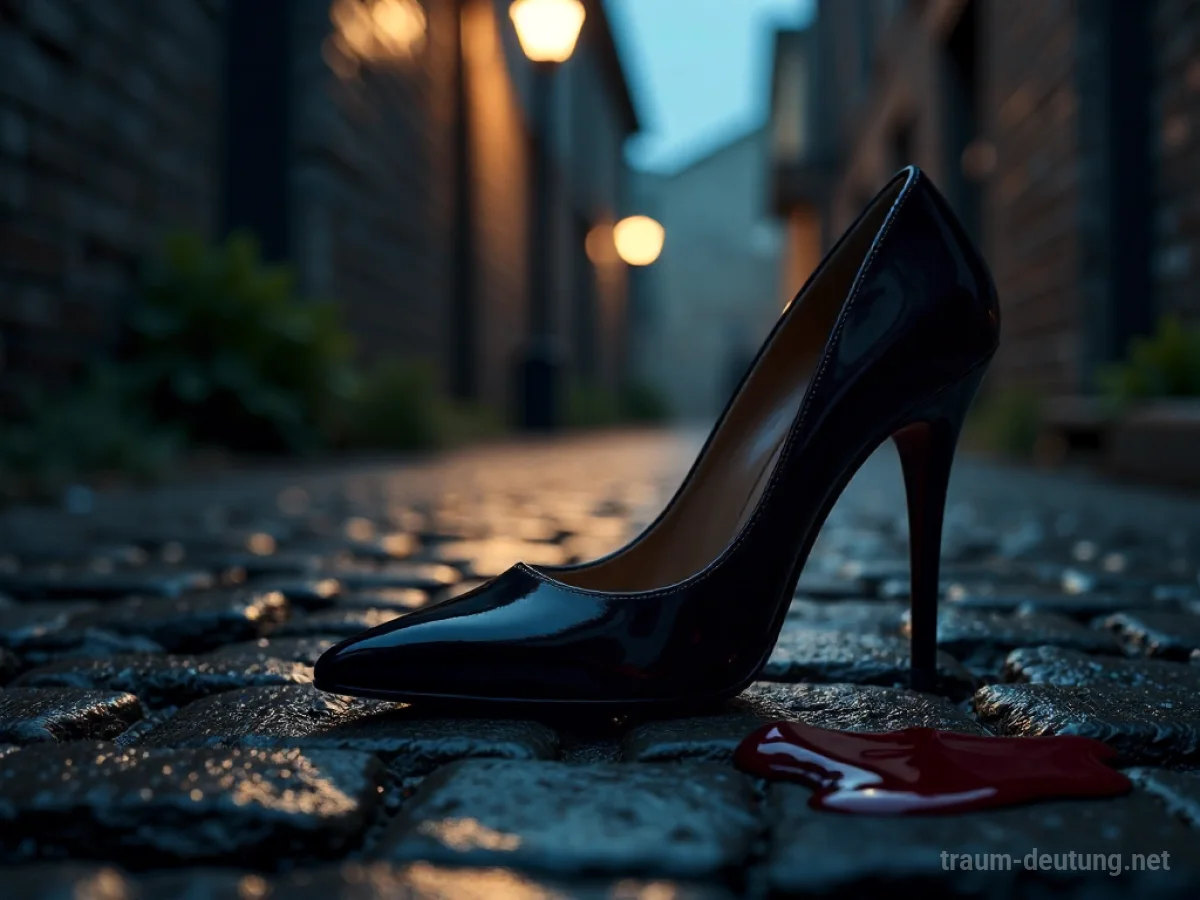 Traumdeutung Stilett: Ein glänzender, scharfer Stiletto-Absatz liegt auf einer dunklen, nassen Kopfsteinpflasterstraße im Mondlicht.
