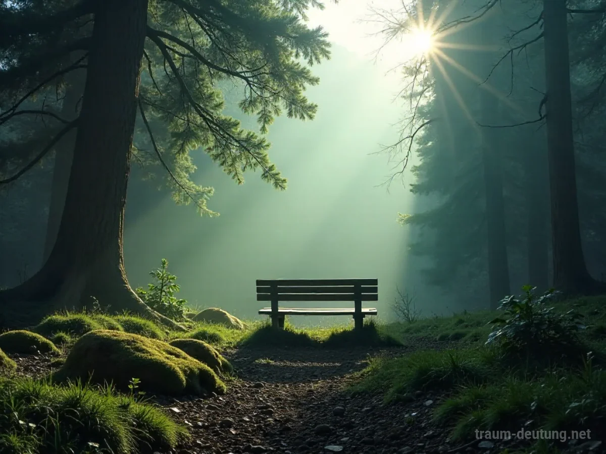 Traumsymbol Stille: Eine einsame Holzbank steht in einer nebelverhangenen Waldlichtung, durch die sanftes Sonnenlicht fällt und tiefe Ruhe ausstrahlt.