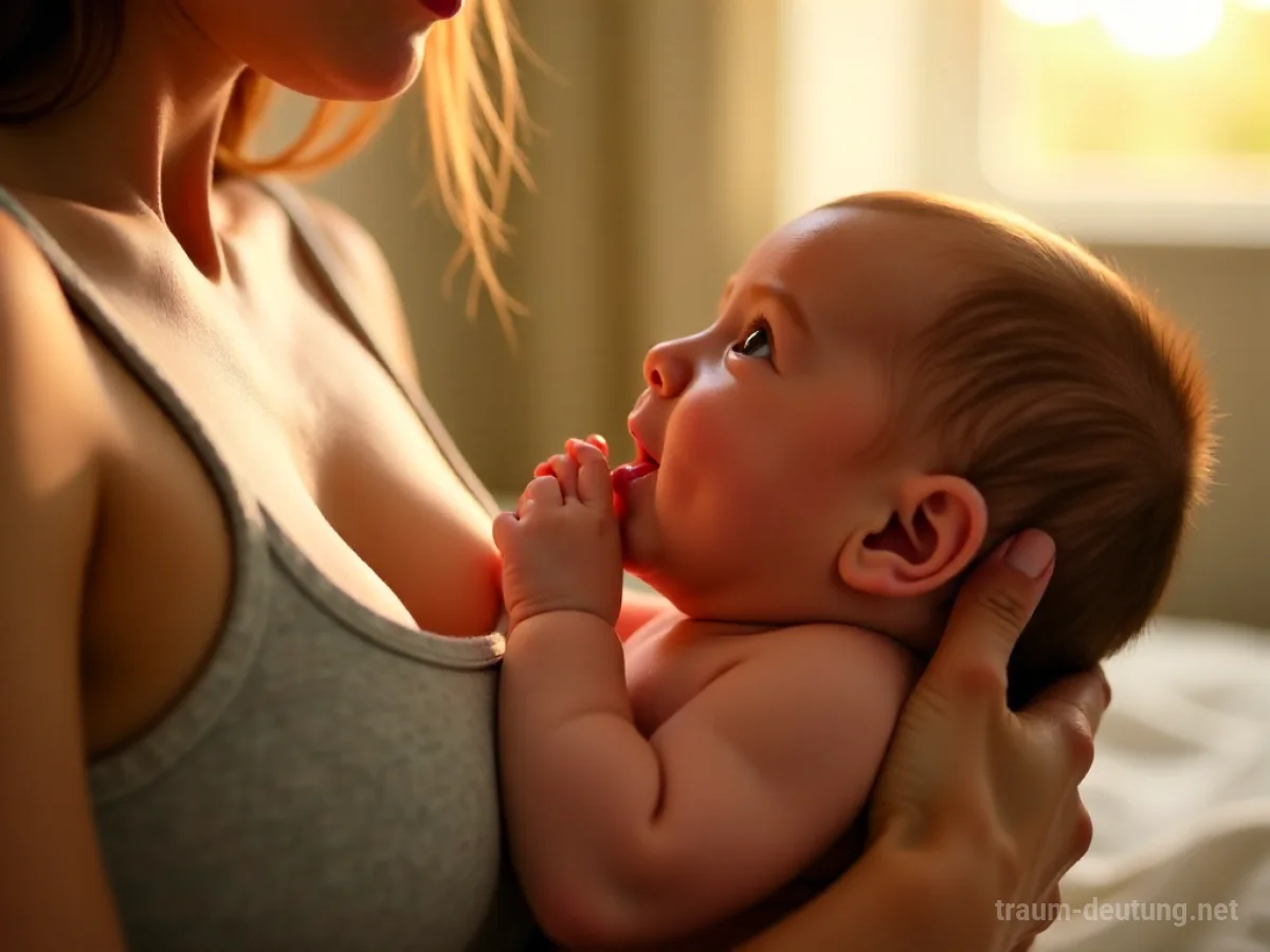 Traumsymbol Stillen: Eine Mutter stillt ihr Baby, die Hauttextur ist detailreich, im Hintergrund ein verschwommener Raum mit warmem Morgenlicht.