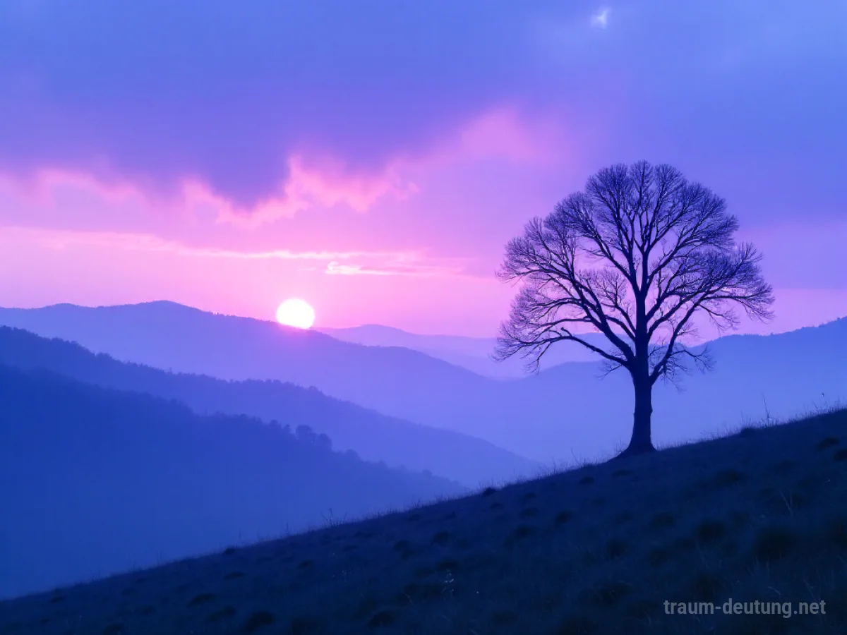 Traumsymbol Stimmung: Eine ätherische Landschaft im Zwielicht mit nebligen Hügeln und einem einzelnen Baum vor einem farbwechselnden Himmel.