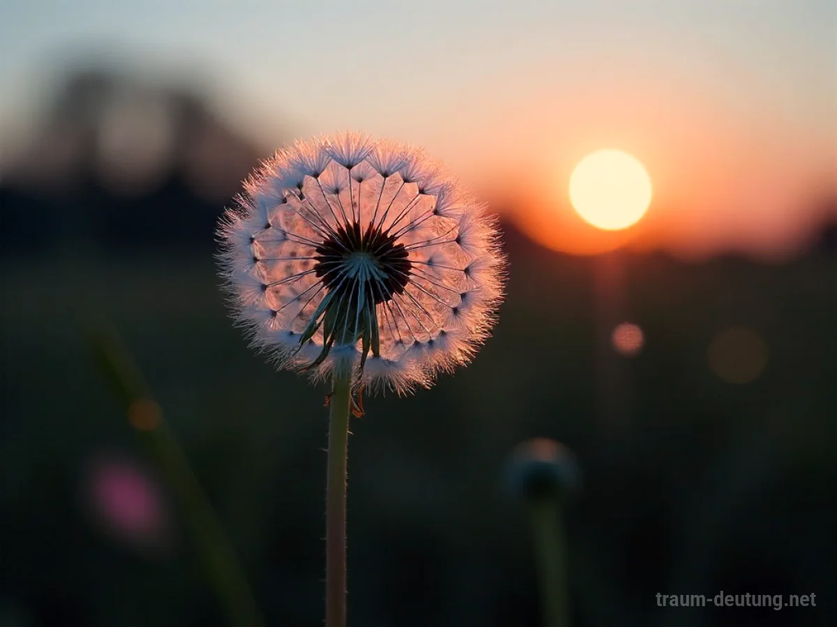 Traumdeutung Stören: Ein zarter Pusteblumenkopf zerfällt im Abendwind, seine Samen verteilen sich im Dämmerlicht über einer verschwommenen Wiese.