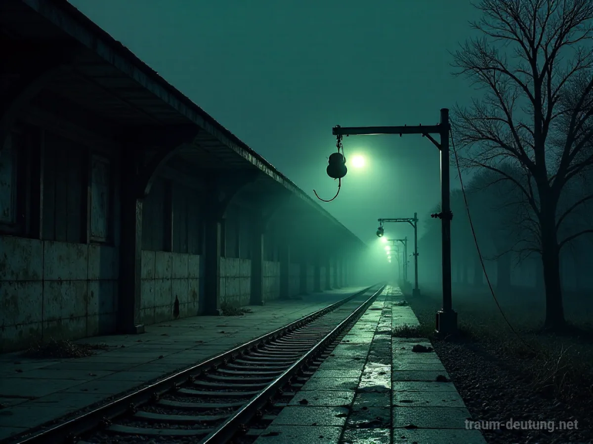 Traumsymbol Störung: Ein verlassener, verrosteter Eisenbahnsignal steht auf einem dunklen Bahnsteig im Zwielicht, beleuchtet von einem flackernden Licht.