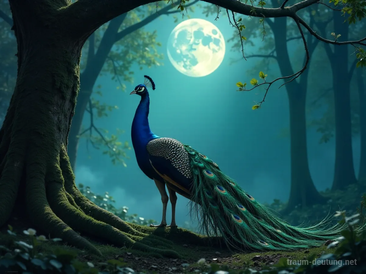 Traumsymbol Stolz: Ein majestätischer Pfau mit ausgebreiteten, schillernden Federn steht in einer von Mondlicht erhellten Waldlichtung.