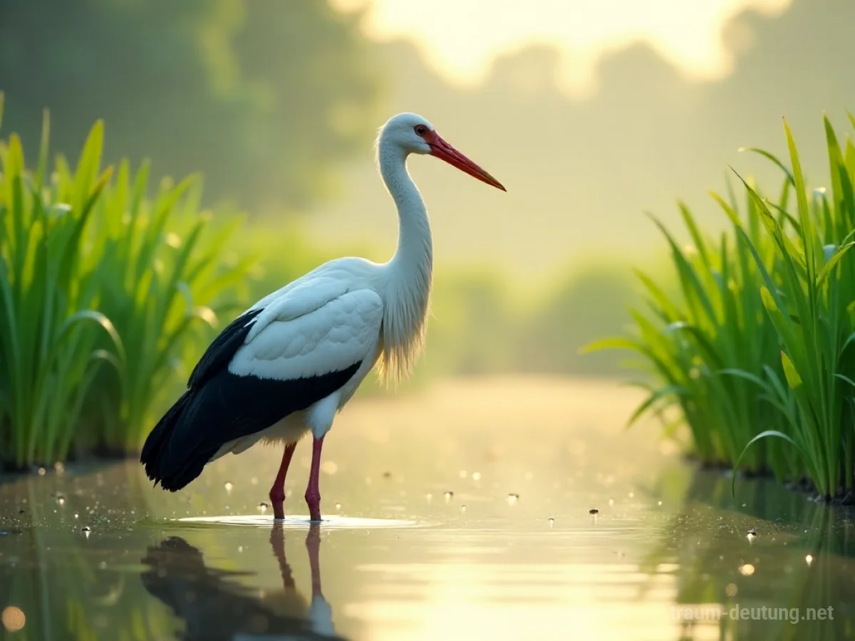 Traumsymbol Storch: Ein majestätischer weißer Storch mit schwarzen Flügeln steht in einem ruhigen Teich bei Sonnenaufgang, umgeben von Schilf.