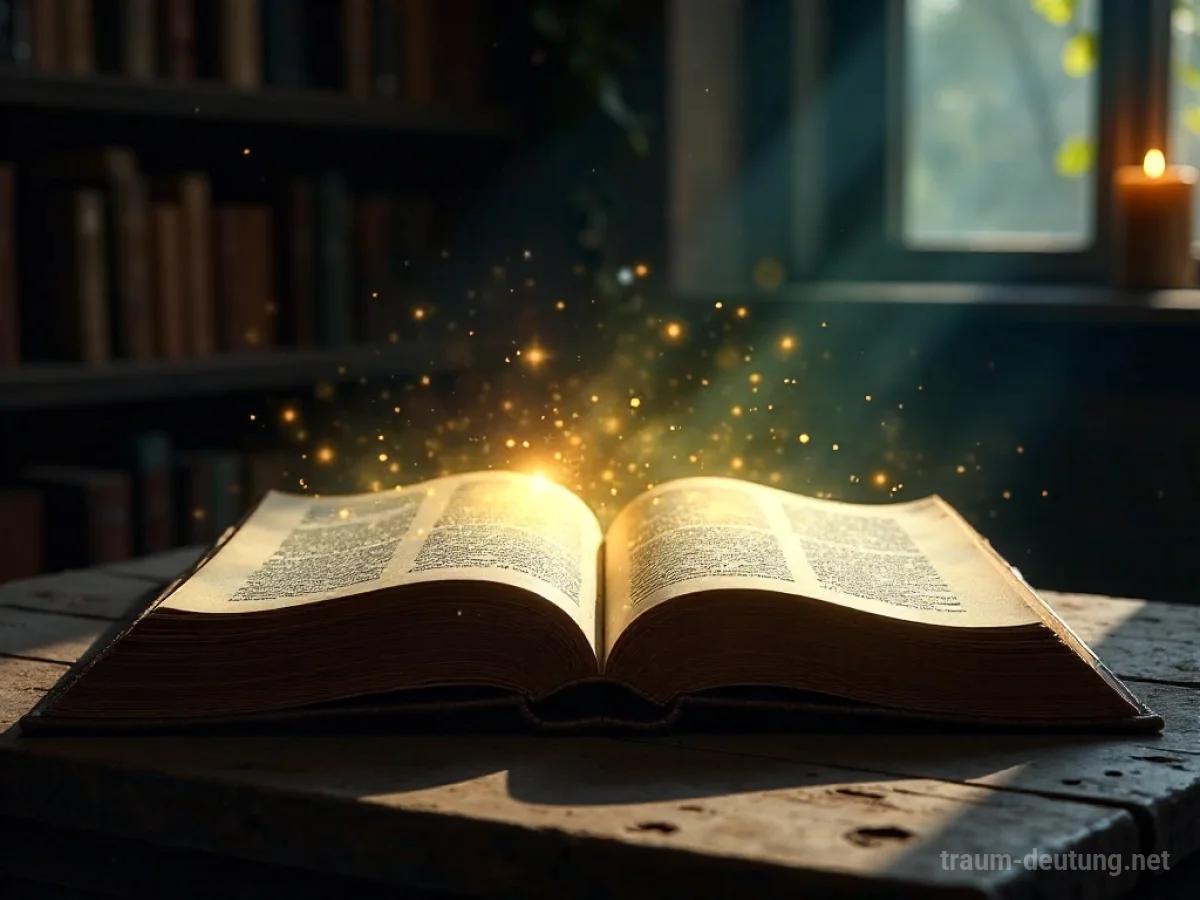 Traumsymbol Story: Ein altes, aufgeschlagenes Buch liegt auf einem Holztisch, aus dessen Seiten mystisches Licht und narrative Elemente aufsteigen, in einem schattigen Studierzimmer.