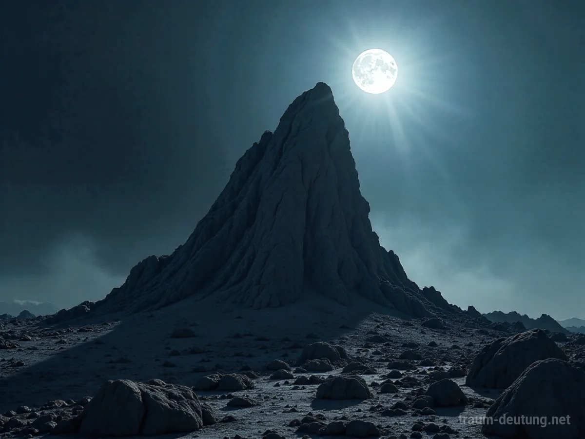 Traumsymbol Stoß: Eine schroffe Felsformation ragt aus dunkler Erde hervor, beleuchtet von einem einzelnen Mondstrahl, der eine angespannte Atmosphäre erzeugt.