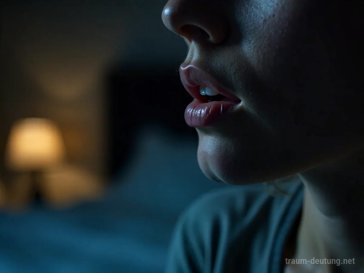 Traumdeutung Stottern: Nahaufnahme eines leicht geöffneten Mundes mit einem leichten Lippenflattern vor unscharfem, dämmrigem Hintergrund, was innere Anspannung symbolisiert.