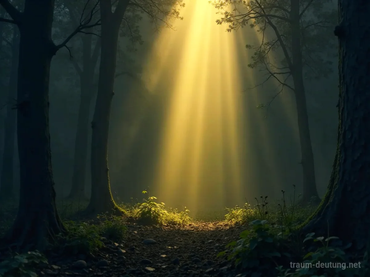 Traumsymbol Strahl: Ein einzelner, strahlender goldener Lichtstrahl durchbricht einen dunklen, wolkenverhangenen Himmel und beleuchtet einen nebeligen Waldgrund.